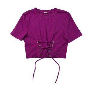K Too Cropped Top Lace Up Short Sleeve Shirt Purple Retro Y2K Womens Medium